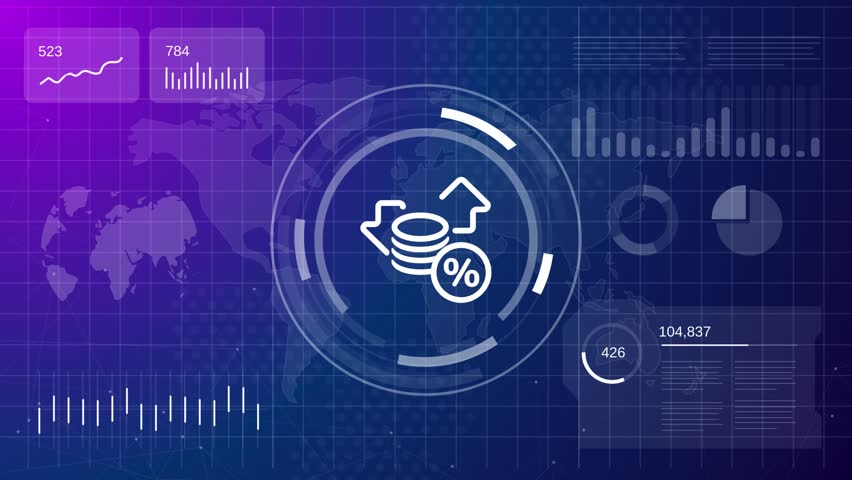 Financial animation showing coins with percentage symbol and rising arrows interest rate growth and economic data