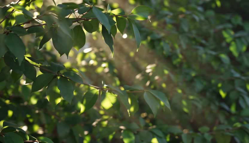 Golden Sunlight Rays Filtering Through Green Tree Leaves in Natural Breeze.
