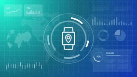 GPS navigation animation featuring a smartwatch with location pin icon on a blue technology map interface - Powered by Shutterstock - Get 15% off with code: PIKWIZARD15