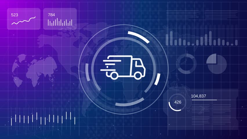 Logistics animation showing a delivery truck icon with speed motion lines on a digital technology