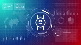 Contactless mobile payment animation with smart watch icon pay symbol futuristic data interface with world map and financial analytics graphs - Powered by Shutterstock - Get 15% off with code: PIKWIZARD15