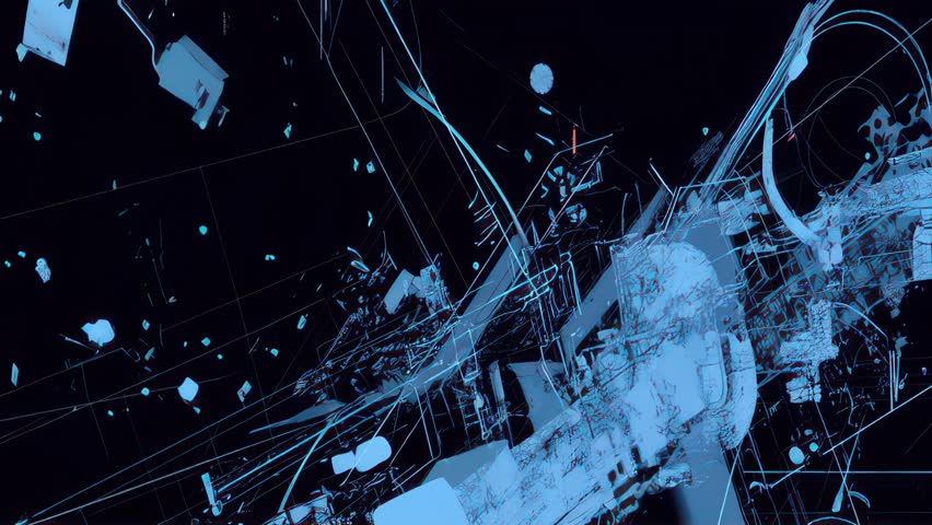 Abstract blue digital background with complex technical lines, HUD-like elements and fragmented shapes on dark space, creating a futuristic high-tech interface look. Useful for sci-fi titles, technology presentations, cyber visuals, motion graphics, VJ backgrounds and event screens.