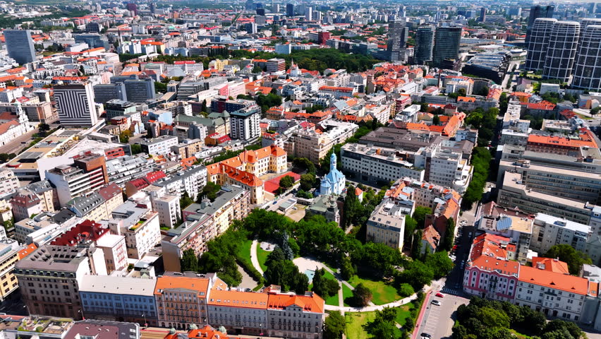 Panorama of modern Bratislava, Slovakia. Combination of old and modern architecture in the city. Aerial view.