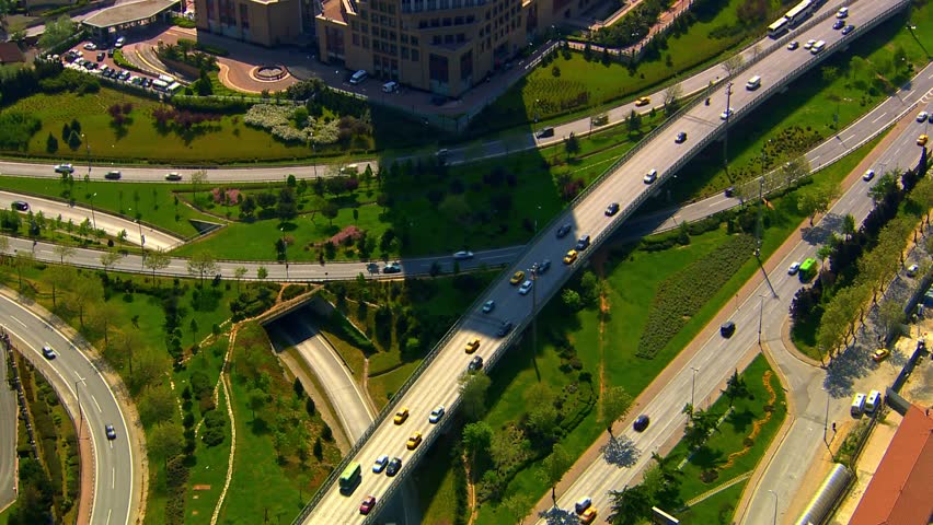 Bird Eye View of Flowing Traffic and Complex Road Network in Istanbul