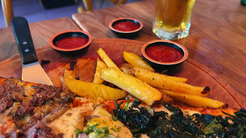 Close-up of a hand dipping french fries in ketchup. Tasty set of french fries, pizza. Fast food concept. High quality 4k footage