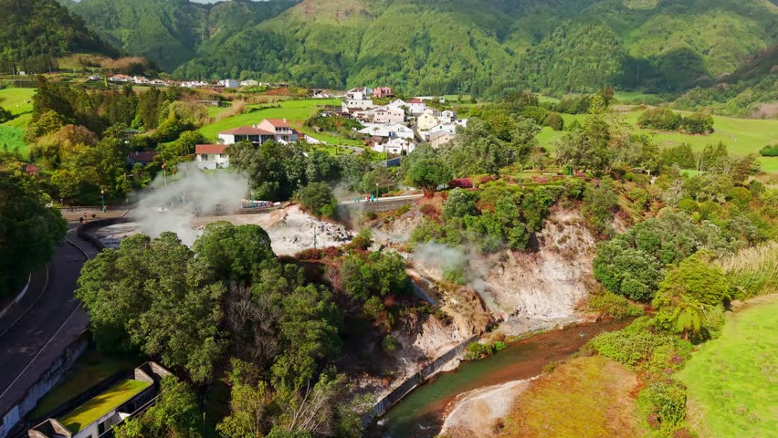 The Caldeiras das Furnas are geothermal hot springs and fumaroles in Vila das Furnas on Sao Miguel Island, Azores. Aerial view of a unique geological and natural landscape.
