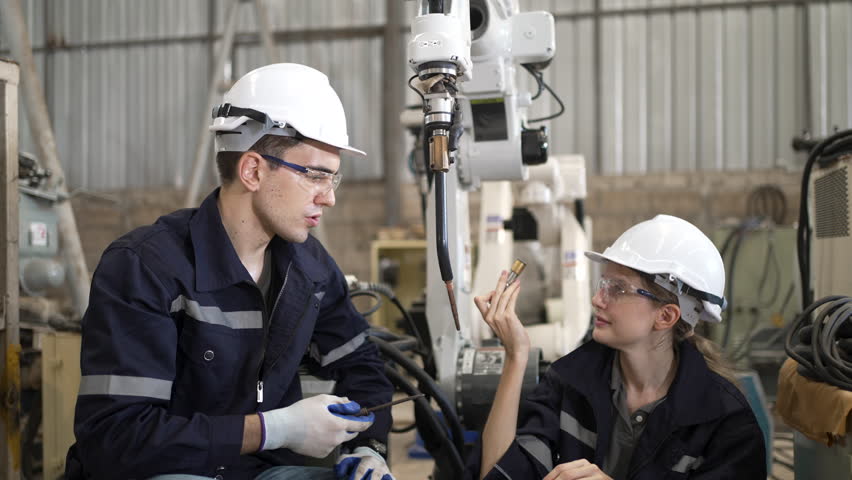 Blue collar workers are working at machine shop with welding robot arm. Factory and machinery.