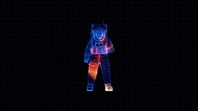 A high-tech digital animation featuring a rotating holographic astronaut. The character is rendered in a glowing wireframe style with vibrant blue and orange light particles, set against a dark grid interface. Ideal for projects related to space exploration, future technology, science fiction, and digital innovation. - Powered by Shutterstock - Get 15% off with code: PIKWIZARD15