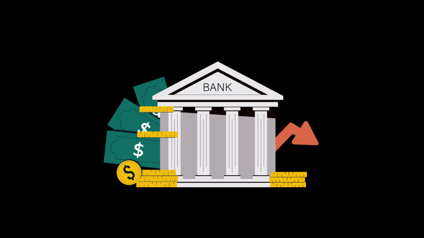 Bank Building with Money and Upward Arrow. Financial Growth Concept Animation Video - Transparent