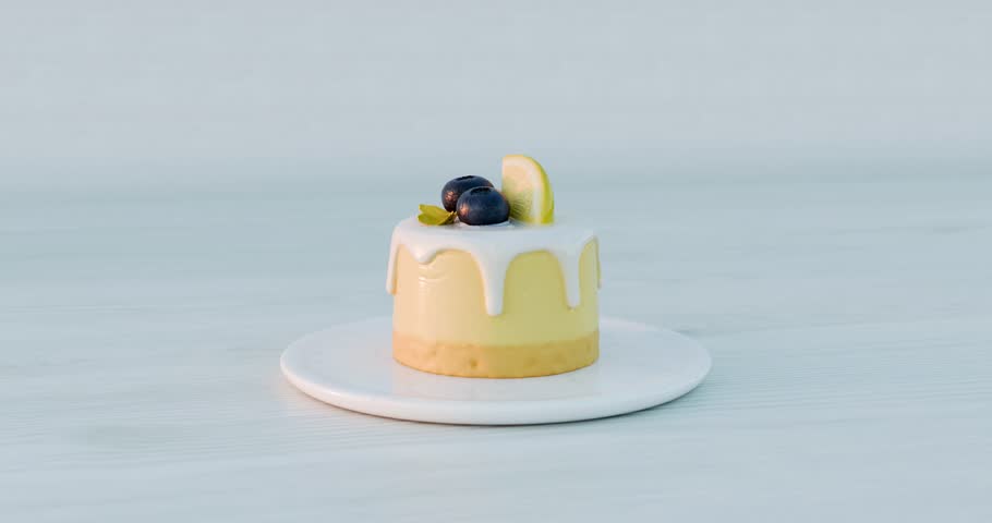 Mini Lemon Blueberry Mousse Cake in Natural Outdoor Light