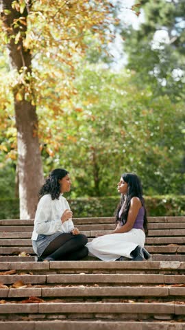 Two beautiful young indian friends sitting on stone steps in a park. The women are enjoying a lively conversation, smiling and gesturing