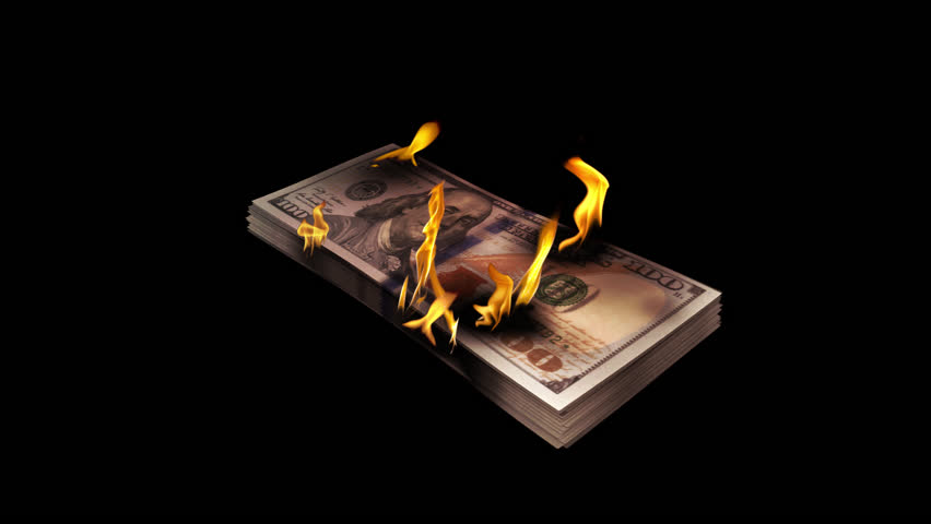 Burning Money Stack of 100 US Dollars - Side Angle Close Up View - Full HD 3D animation isolated on transparent background with alpha channel