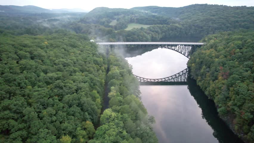 Drone footage of French King Bridge over the Connecticut River in Pioneer Valley