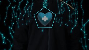 Digital interface showing a hand touching a futuristic heart icon with a medical cross symbol - Powered by Shutterstock - Get 15% off with code: PIKWIZARD15