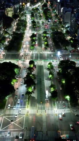 Night downtown Buenos Aires Argentina. Night panning wide landscape of tourism landmark downtown district Buenos Aires. Tourism landmark. Outdoor downtown city. Urban scenery of Buenos Aires city.