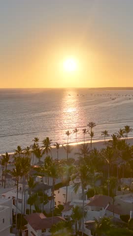 Sunrise Beach At Bavaro In Punta Cana Dominican Republic. Sunrise Skyline. Beach Landscape. Nature Seascape. Sunrise Beach In Bavaro In Punta Cana Dominican Republic. Scenic Palm Trees.