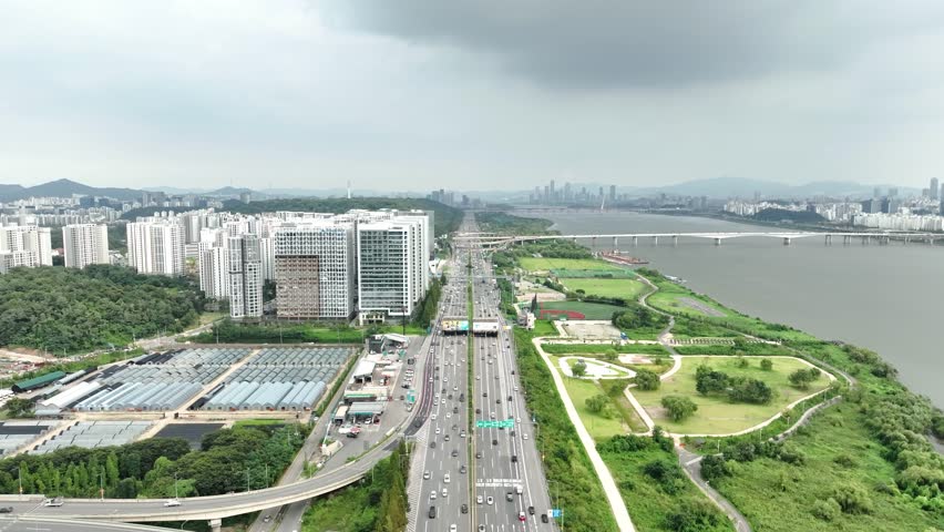 Cars pass through the highway, Gangbyeonbuk-ro in Seoul, South Korea.