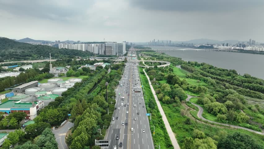 Cars pass through the highway, Gangbyeonbuk-ro in Seoul, South Korea.