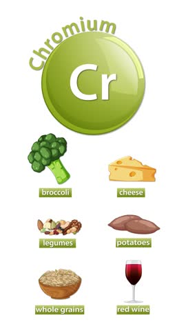 Animated vertical infographic listing chromium rich foods with simple flat icons and smooth reveals