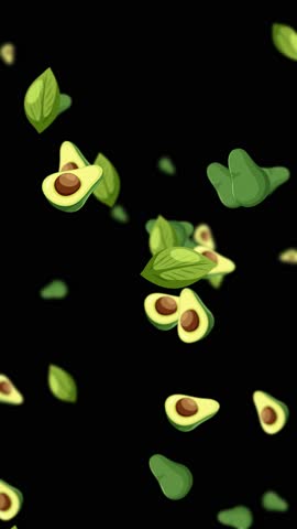 Looping vertical animation of falling avocado halves and leaves on dark background, smooth motion