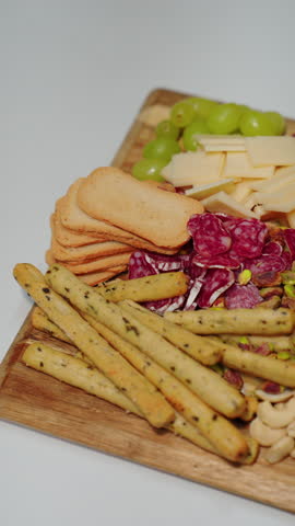 Charcuterie board presenting sliced cheese, cured meats, grapes, blueberries, pistachios, cashews, and crackers on a wooden serving tray.