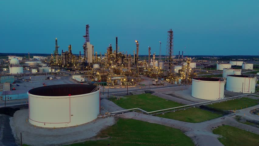 Cenovus Oil Refinery complex with large fuel tanks in Toledo, Ohio, aerial evening view