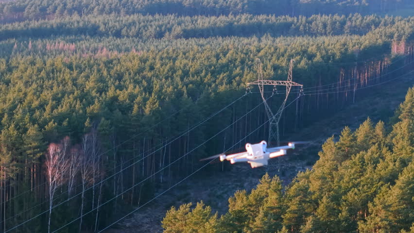Drone flying over a power line pole at sunset, aerial view.