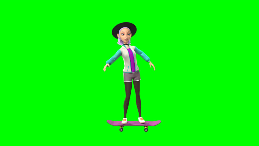 3D Teen Girl Skateboarding Green Screen Animation. High quality 3D teen girl skateboarding animation on green screen. Perfect for ads, sports promos, youth content, transitions, presentations, and creative video projects.