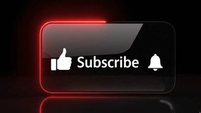 Modern 3D Subscribe Button with Like and Bell Icons - Red Neon Glow Animation on Dark Glassy Background for Social Media Marketing and Vlogs. - Powered by Shutterstock - Get 15% off with code: PIKWIZARD15