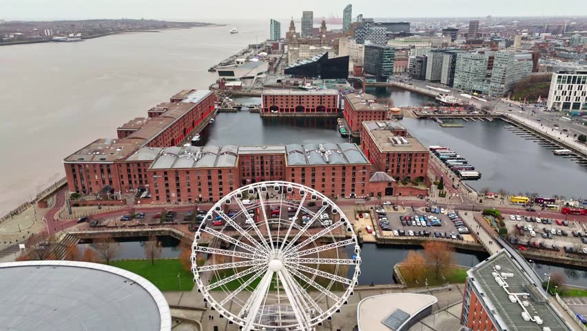 An aerial view of the Royal Albert Dock and the Liverpool waterfront over the spinning Wheel of Liverpool.