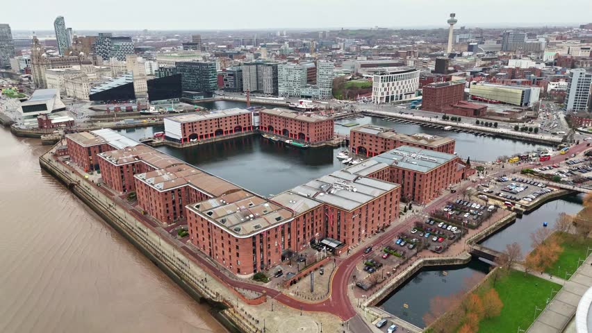 An aerial view of the Royal Albert Dock and the Liverpool waterfront over the Wheel of Liverpool.