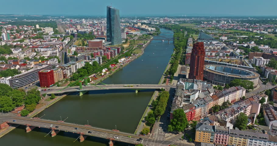 Aerial view of Frankfurt with modern skyscrapers beautiful sunny day, city center. Financial capital of Europe, Hesse, Germany,