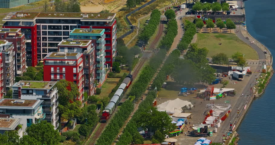 Aerial view of Frankfurt with modern skyscrapers beautiful sunny day, city center. Financial capital of Europe, Hesse, Germany,