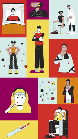 Immune boost at sickness season animated bento grid layout. Thermometer fever. Infection symptoms. Vaccine shot 2D animation flat cartoon ui collage design. Vertical 4K video motion graphic collection
