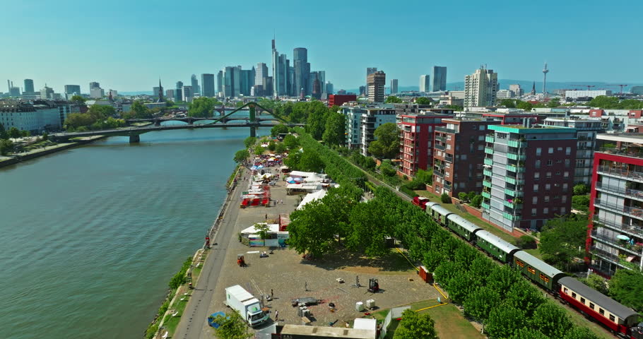 Aerial view of Frankfurt with modern skyscrapers beautiful sunny day, city center. Financial capital of Europe, Hesse, Germany,