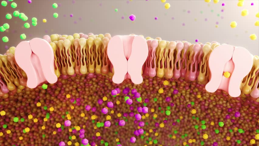 Imbalance in cell membrane calcium ion channels disrupts receptor entry sequence, causing disorders in the nervous and cardiovascular systems. MOA, cellular microstructure, 3D animation.