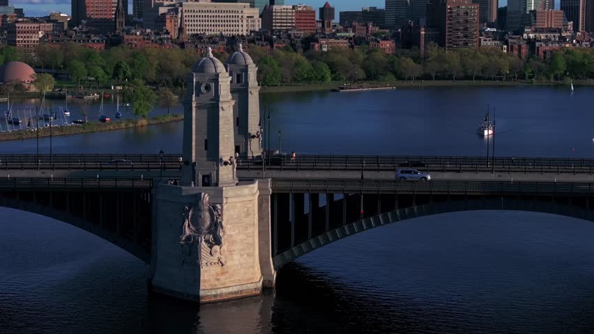 Aerial view of the Longfellow Bridge over the Charles River with Boston