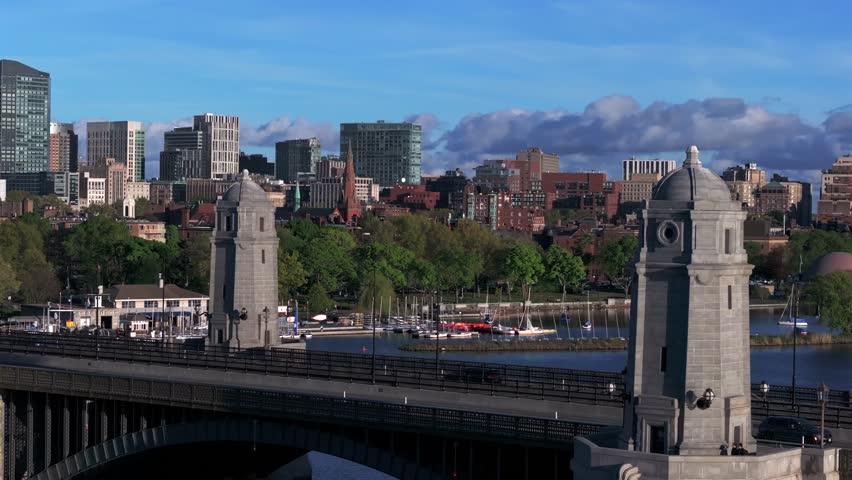 Aerial view of the Boston skyline with its mix of modern skyscrapers and historic buildings behind the Longfellow Bridge, Boston, Massachusetts, United States.