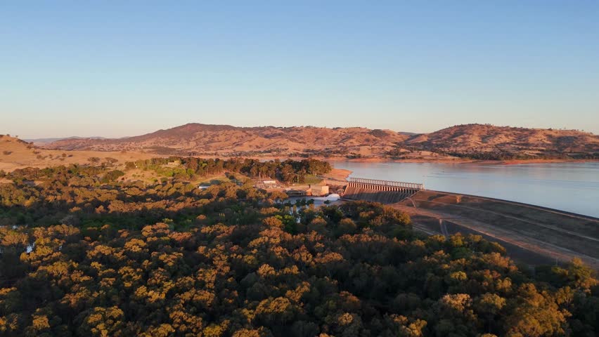 Aerial views in the late evening sunlight of Lake Hume and dam wall