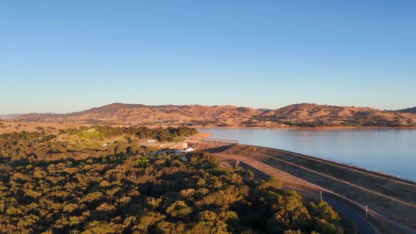 Aerial views in the late evening sunlight of Lake Hume and dam wall