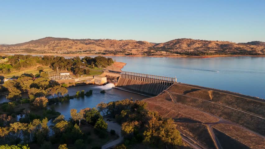 Aerial views in the late evening sunlight of Lake Hume and dam wall