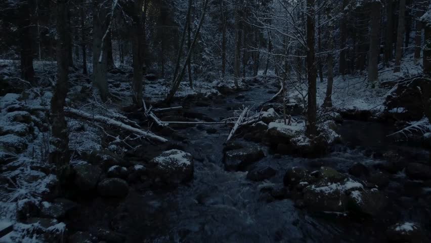 Scenic aerial view of a dark mountain river flowing through a snowy pine forest at dusk.