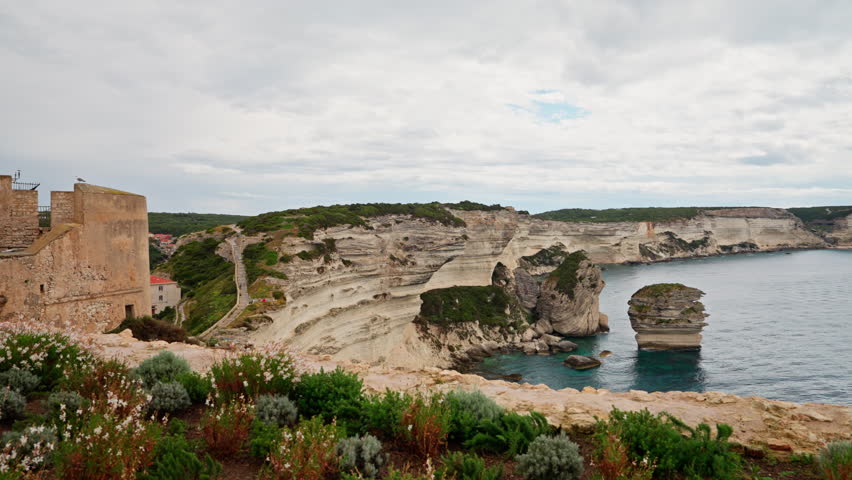 Panoramic view of the picturesque landscape around Bonifacio in Corsica, France. View of the sea and high rock coastline.
