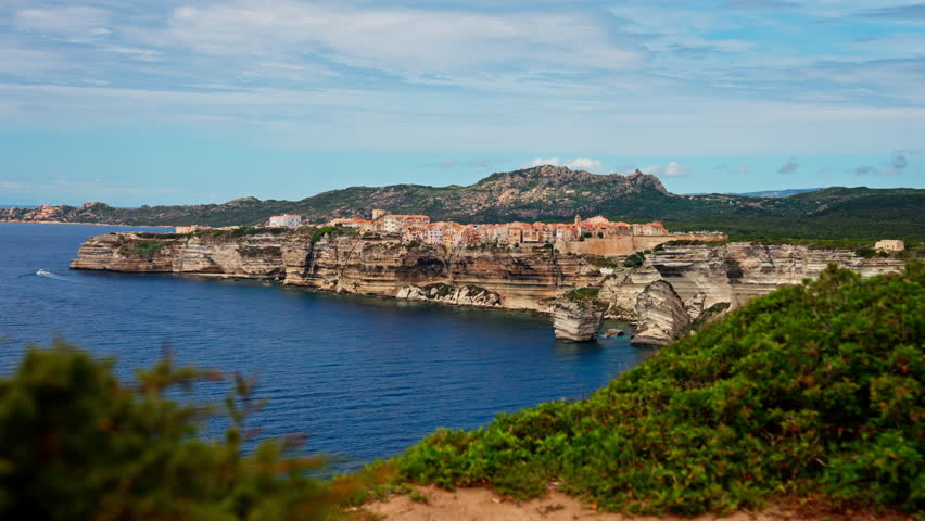 Panoramic view of the picturesque landscape around Bonifacio in Corsica, France. View of the sea and high rock coastline.