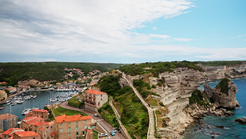 Panoramic view of the picturesque landscape around Bonifacio in Corsica, France. View of the sea and high rock coastline.
