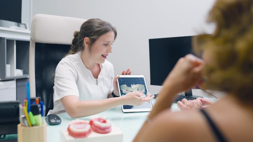 Young female dentist sitting at her desk showing a patient a digital model of a dental implant on a tablet in a modern dental clinic