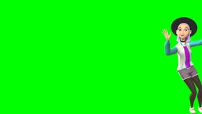 3D teen girl character slides into frame and waves happily on green screen. Perfect for advertising, social media, presentations, education, marketing videos, overlays, and digital content projects. - Powered by Shutterstock - Get 15% off with code: PIKWIZARD15