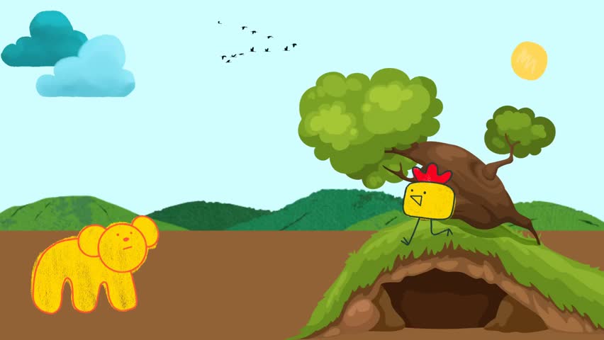 A playful landscape featuring a hill with a large tree and a cave opening, set against a bright sky with a few birds in the distance. The scene conveys a whimsical, storybook vibe and a sense of adventure.