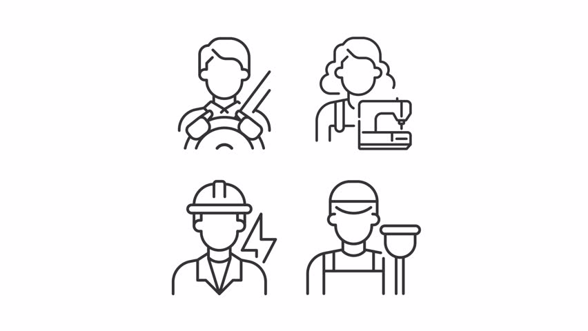 Professional services line animation set. Career paths animated icons. Industrial labor, handyman services. Utility workers. Outline elements on white background. HD video with alpha channel
