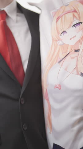 Headless businessman holding a cute anime girl hug pillow showing a V sign